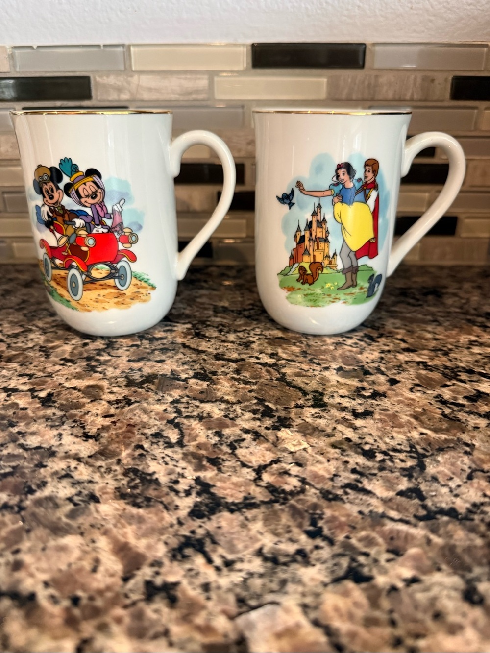 Disney White Mugs with Gold Trim Mickey & Snow White Designs